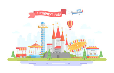 Naklejka premium City with amusement park - modern flat design style vector illustration