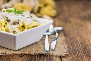 Porcini pasta close-up shot, selective focus