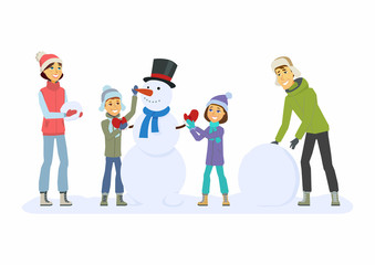 Fototapeta premium Happy family builds a snowman - cartoon people characters illustration