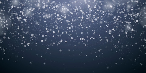 Naklejka na ściany i meble Snowflakes, realistic christmas snow, happy new year background, falling snow flake, white dust, blizzard, xmas vector illustration, overlay winter texture, lights. Isolated on transparent background