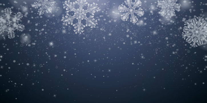 Snowflakes, realistic christmas snow, happy new year background, falling snow flake, white dust, blizzard, xmas vector illustration, overlay winter texture, lights. Isolated on transparent background