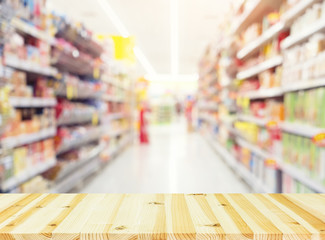 Supermarket or retail store blur background. That is a self-service shop offer grocery and variety of food, beverage and household product on shelf or rack. For shopping background or product display.
