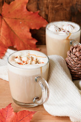Coffee with cinnamon and whipped cream in glass mug. Closeup view