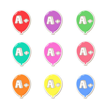 Kids Achievement set vector illustration. Colorful balloons with A mark