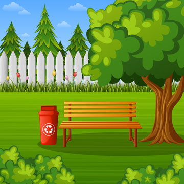 Green park with wooden bench and trash bin 