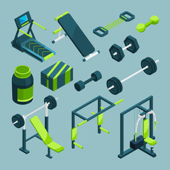 Sports equipment for gym. Vector isometric illustrations