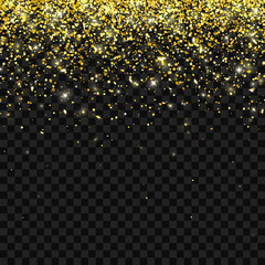 Gold glitter on dark transparent background, falling particles. Vector