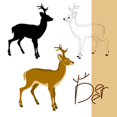 deer vector illustration flat style profile side black silhouette line drawing