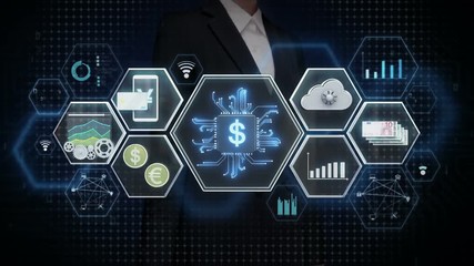 Businesswoman touching Fin-tech icon, Financial technology and various information icon. - Powered by Adobe