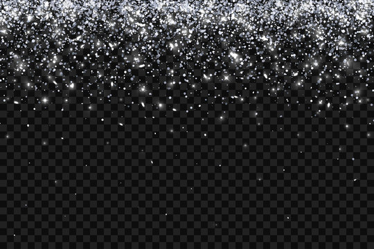 Silver falling particles on transparent background, horizontal orientation. Vector