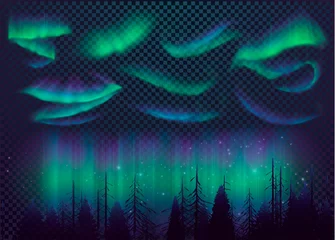 Fotobehang Night Sky, Aurora Borealis, Northern Lights Effect, Realistic Colored polar lights. Vector Illustration, abstract space design for aurora borealis, isolated on transparent background. © Gluiki