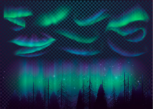 Night Sky, Aurora Borealis, Northern Lights Effect, Realistic Colored polar lights. Vector Illustration, abstract space design for aurora borealis, isolated on transparent background.