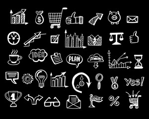 Social media business doodles, items on black background