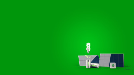 Renewable energy, solar panels, batteries and low energy consumption bulb.