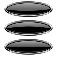 Oval black buttons with bold chrome frame. 3d shiny icons