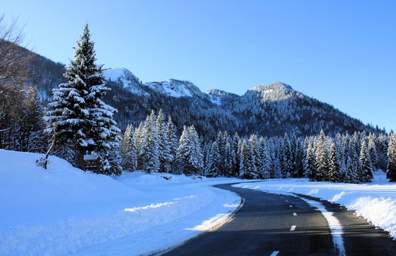lovley snowy road at pass Sori&scaron;ka, Slovenia