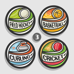 Vector set of sport logos, 4 round simple badges with flying ball on curved trajectory, circle sports signs of minimal design with games equipment, original type for words of different kind of sport.