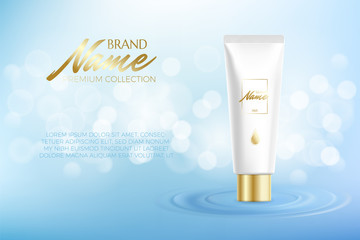 Advertising poster for cosmetic product for catalog, magazine. Vector design of cosmetic patskage. Moisturizing cream, gel, body lotion with vitamins. Vector illustration with isolated objects