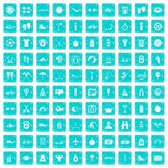 100 active life icons set grunge blue