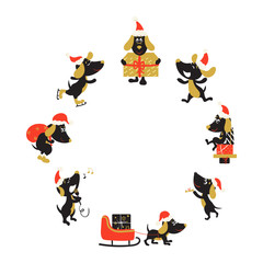 Round frame with funny dogs in Christmas hats