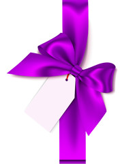 Beautiful purple bow with empty sale tag for gift decor. Holiday decoration. Vector violet bow with vertical ribbon