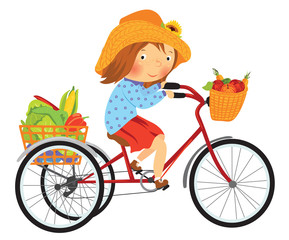 Cartoon farmer girl on a bike with fruits