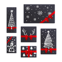 Merry Christmas gift boxs set. Unique collection of gifts with Christmas patterns