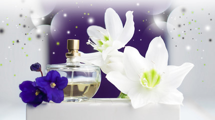 bottle of perfume, white daffodil on purple background