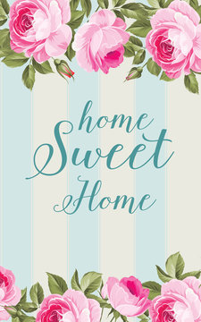 The flower card. Awesome blue vintage label of color flowers. Home sweet home. Provence blossom flowers. Vector illustration