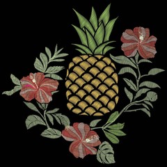 pineapple embroidery - vector, illustration