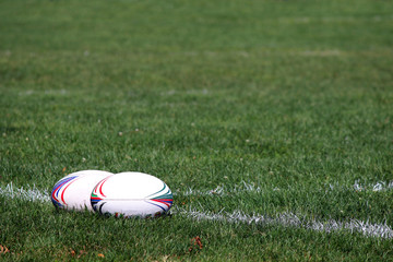 two rugby balls on the field - obrazy, fototapety, plakaty