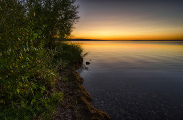 Fototapeta na wymiar Beautiful evening view of a lake on a sunset background.