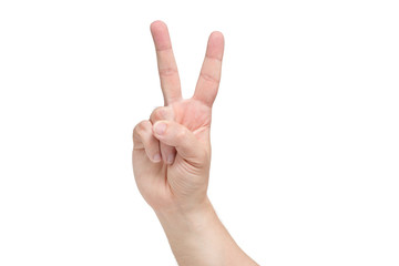 A hand with victory gesture. Isolated white background