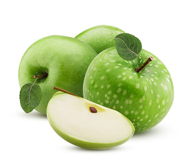 Green apples one slice with leaf