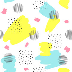 Abstract seamless patterns with black and color dots, spots. Vector illustration