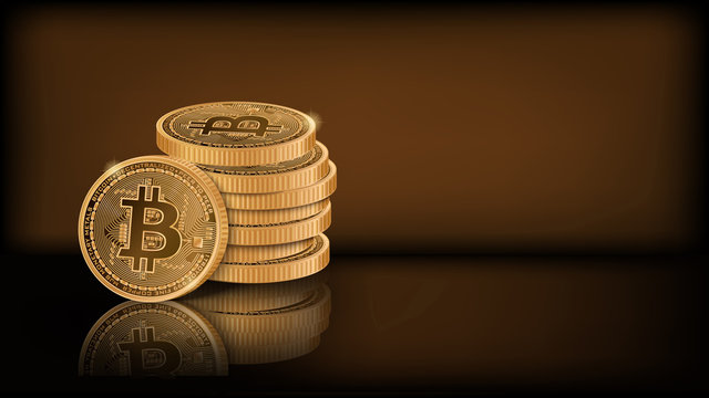 Horizontal dark background with pile of realistic golden bitcoins and place for your text. Bitcoin standing on the edge near a stack of lying coins. Stock vector illustration