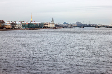 View of the Palace Bridge and the building of the Academy of Sciences in St. Petersburg. Russia.