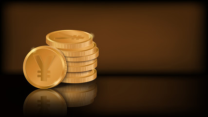 Horizontal dark background with place for your text. Stylized coin with yen symbol standing on the edge near a stack of lying coins. Stock vector illustration