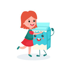 Lovely redhead girl hugging humanized cardboard box of milk, healthy food for kid cartoon vector illustration