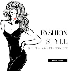 Black and white fashion sale banner with woman fashion silhouette, online shopping social media ads web template with beautiful girl. Vector illustration