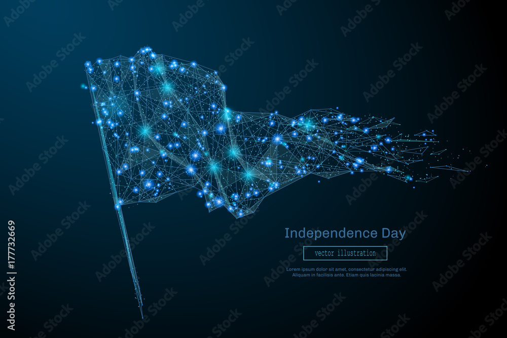 Poster Abstract image of a flag in the form of a starry sky or space, consisting of points, lines, and shapes in the form of planets, stars and the universe. Vector Independance Day concept.