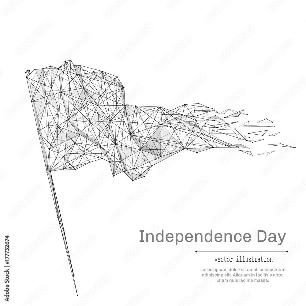 Poster Flag low poly wireframe isolated black on white background. Abstract mash line and point origami. Vector illustration. Independance Day concept with geometry triangle. Light connection structure.