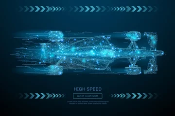 Light filtering roller blinds F1 Low Poly wireframe F1 bolid car. High Speed concept. Vector bolide mesh spheres from flying debris. Thin line concept. Blue structure style illustration. Sport polygonal image