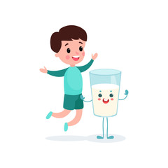 Cute boy having fun with humanized glass of milk with smiling face, healthy food for kid cartoon vector illustration