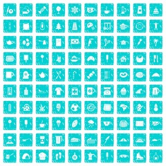 100 coffee icons set grunge blue