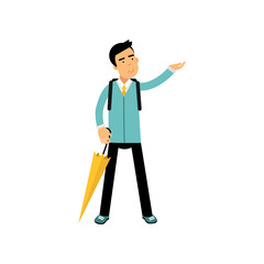 Young man standing with umbrella vector illustration