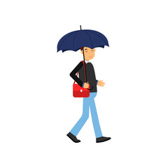 Young man walking with blue umbrella vector illustration