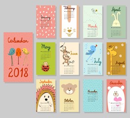 Calendar 2018. Cute calendar with funny cartoon animals