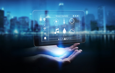 Businesswoman using smart home remote device 3D rendering