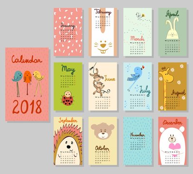 Calendar 2018. Cute calendar with funny cartoon animals